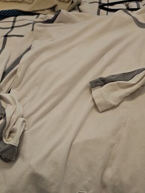 Women's Cream Long-Sleeve T-Shirt with Gray Trim With Hood & Thumb Holes